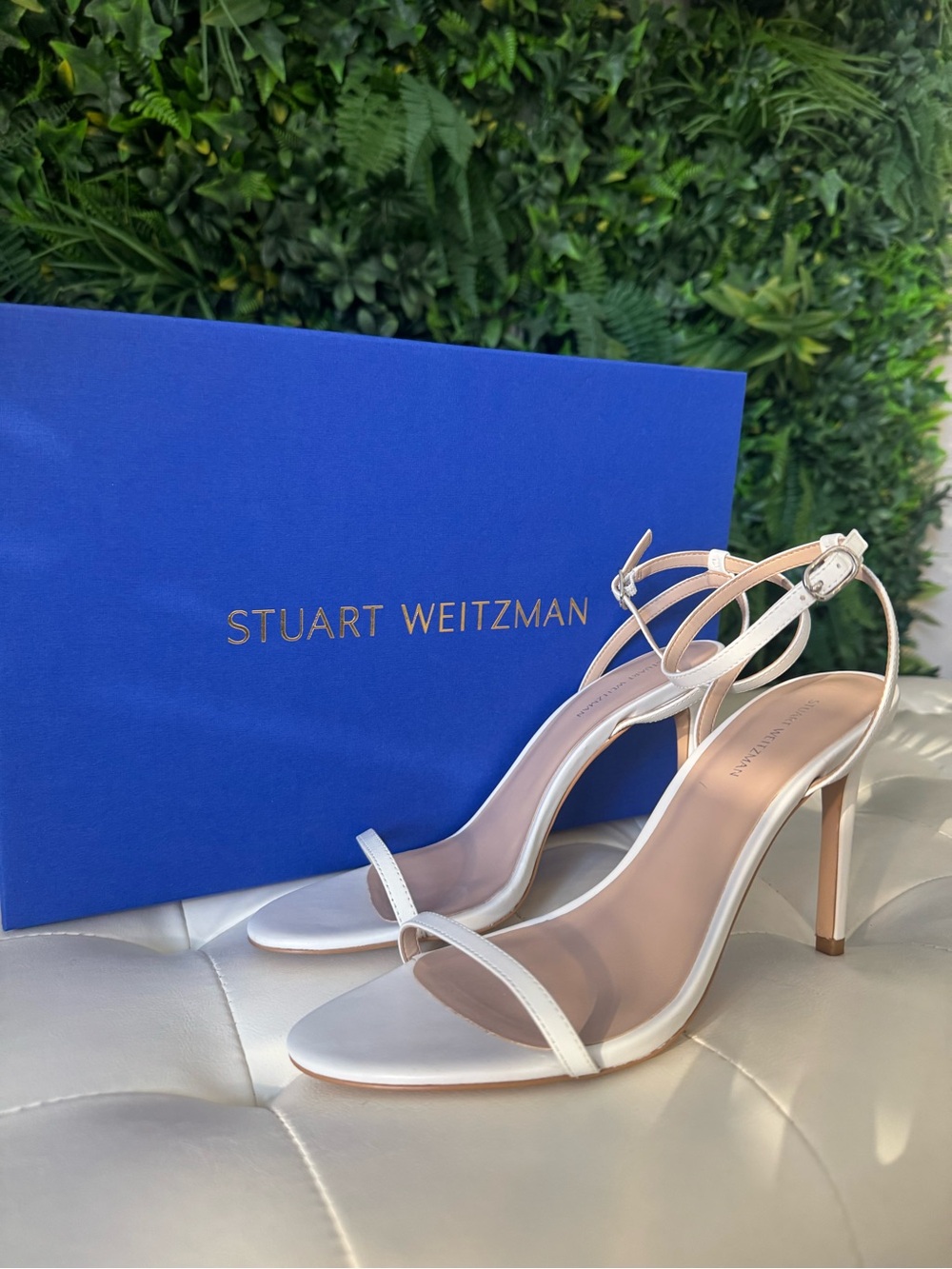 Stuart Weitzman White Open-Toe Ankle-Strap Stiletto Sandals